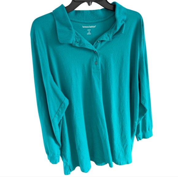 Woman Within Teal 1x Long Sleeve Polo - Picture 2 of 4